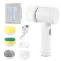 White handheld cleaning brush with accessories and packaging on a white background