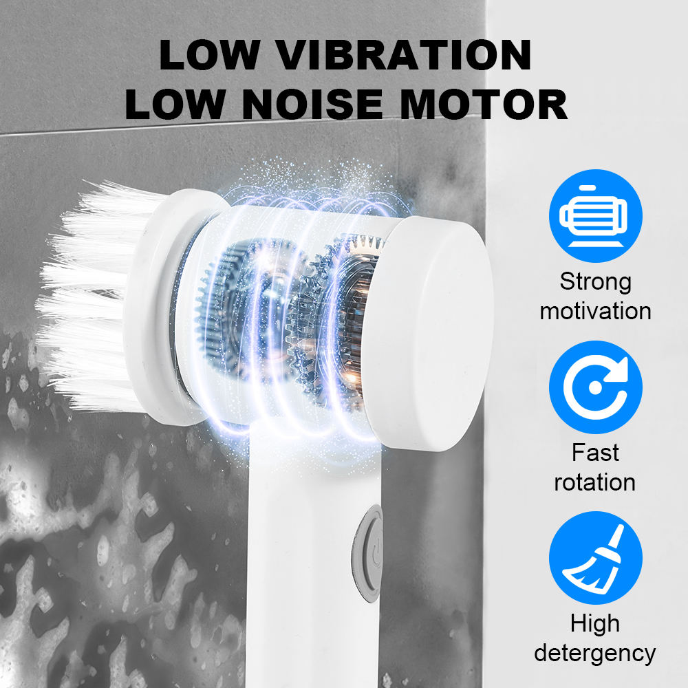 Cleaning brush with text 'Low Vibration Low Noise Motor' and icons indicating strong motivation, fast rotation, and high detergency.