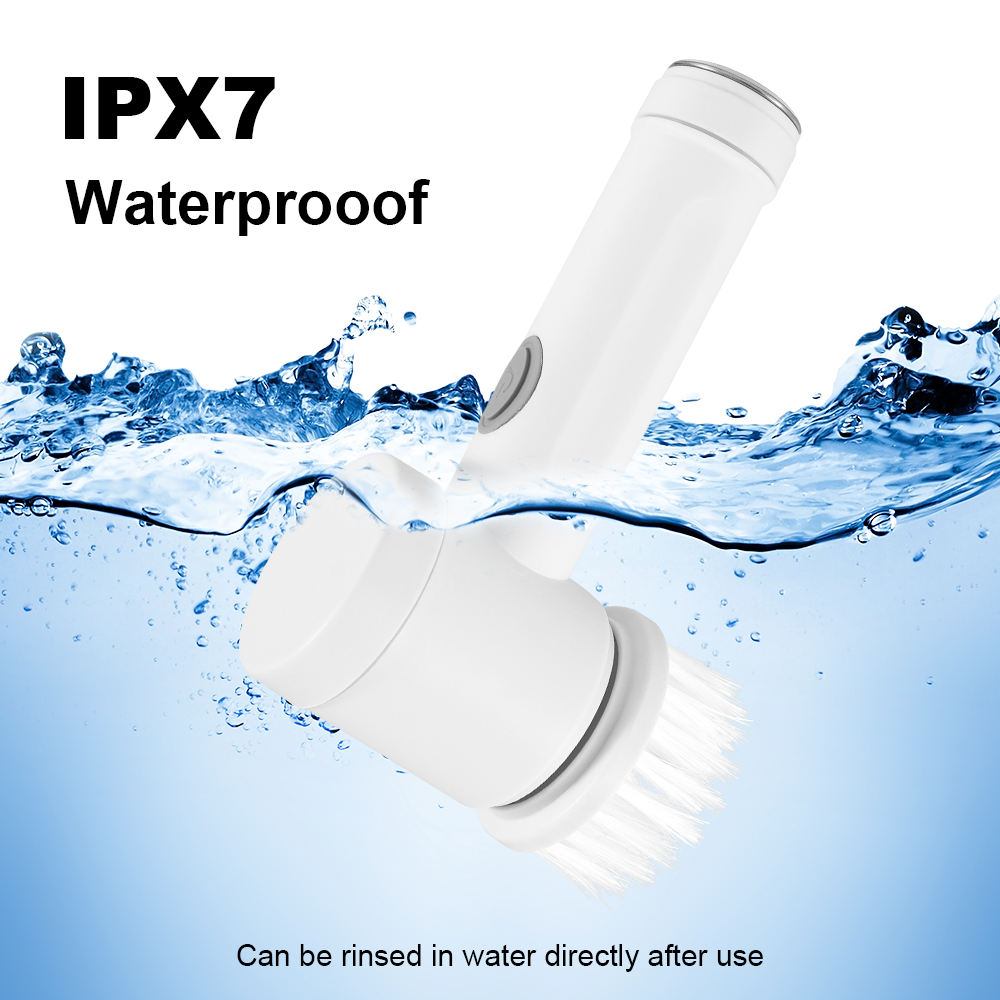 White cleaning brush with water splashes and text indicating IPX7 waterproof rating on a white background.
