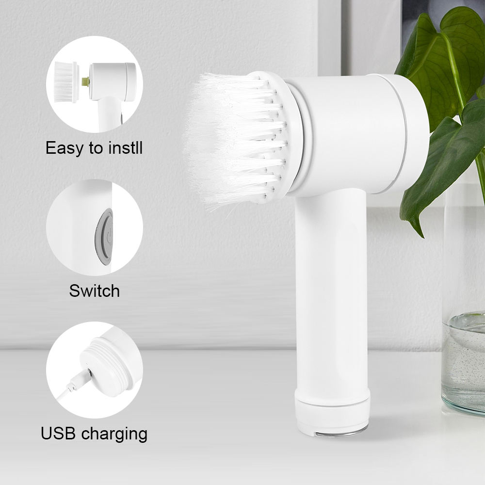 White handheld cleaning device with features labeled on a light gray background
