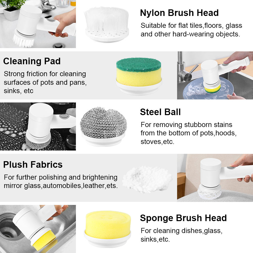 Brosse de nettoyage électrique rotative multifonction 5 en 1 pour cuisine, réservoirs, chaussures et vaisselle